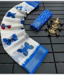 White and Blue color linen sarees with all over big butterfly with jari border design -LINS0003691