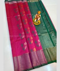 Pink and Pine Green color Kollam Pattu handloom saree with all over buties with jari checks design -KOLP0001760