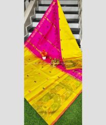 Yellow and Pink color Tripura Silk handloom saree with all over nakshtra buties with big pochampally border design -TRPP0007989