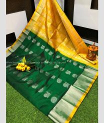 Pine Green and Mango Yellow color kuppadam pattu handloom saree with all over buttas design -KUPP0097161