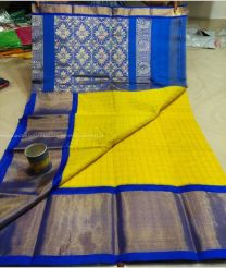 Blue and Yellow color Chenderi silk handloom saree with all over checks with big border design -CNDP0015854