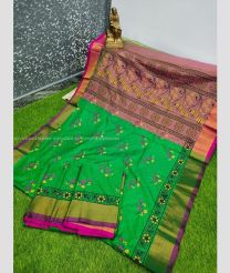 Green and Brown color Uppada Soft Silk handloom saree with all over printed design -UPSF0004162
