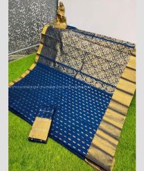 Navy Blue color Chenderi silk handloom saree with all over buties with golden border design -CNDP0014652