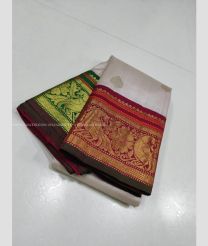 Cream and Maroon color kanchi pattu handloom saree with hand weaven saree with 2g jari traditional korvai partten design -KANP0011815