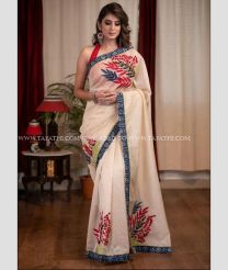 Cream and Red color linen sarees with all over digital printed design -LINS0003700