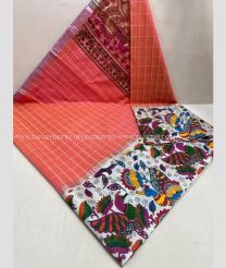Copper Red and White color Chenderi silk handloom saree with all over thread weaving checks with kalamkari prints in the border design -CNDP0012600