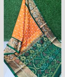 Mango Yellow and Dark Green color pochampally Ikkat cotton handloom saree with all over pochamally design -PIKT0000095