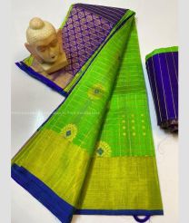 Parrot Green and Purple Blue color Kollam Pattu handloom saree with all over checks and buties sarees design -KOLP0000668