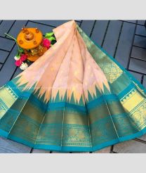 Baby Pink and Turquoise color Chenderi silk handloom saree with all over buties with temple kuppadam border design -CNDP0016106