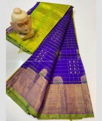 Purple Blue and Acid Green color Kollam Pattu handloom saree with all over checks and buties sarees design -KOLP0000670