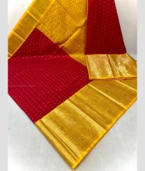 Red and Yellow color kuppadam pattu handloom saree with all over buties with kuppadam kanchi border design -KUPP0097030