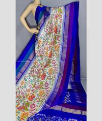Half White and Royal BLue color pochampally ikkat pure silk handloom saree with digital printed sarees design -PIKP0006233