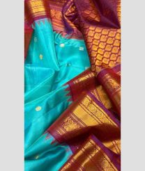 Blue Turquoise and Magenta color gadwal pattu handloom saree with temple and kuthu border design -GDWP0001759