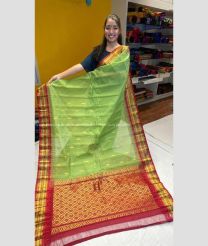 Lite Green and Deep Pink color gadwal cotton sarees with temple kuthu border design -GAWT0000310