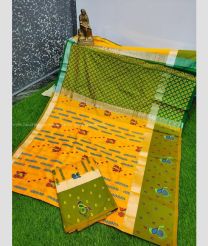 Mango Yellow and Olive color Uppada Soft Silk handloom saree with all over printed design -UPSF0004164
