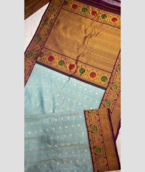 Sky Blue and Plum Purple color gadwal pattu handloom saree with all over dual buties including meenakari with kuthu interlock border design -GDWP0001730