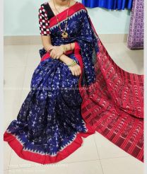 Navy Blue and Red color linen sarees with all over digital printed design -LINS0003748