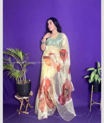 Lemon Yellow and Brown color Organza sarees with handwork (khatli) work on digital printed design -ORGS0002988
