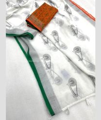 White and lite Grey color linen sarees with all over digital printed with silver jari weaving border design -LINS0003296