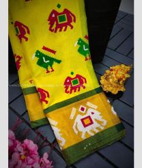 Yellow and Pine Green color Uppada Soft Silk handloom saree with all over printed with ikkat kaddi border design -UPSF0003716