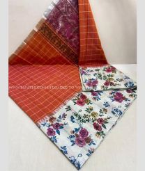 Copper Red and White color Chenderi silk handloom saree with all over thread weaving checks with kalamkari printed border design -CNDP0014828