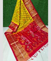 Mustard Yellow and Red color Ikkat sico handloom saree with ikkat design -IKSS0000399