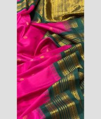 Pink and Teal color gadwal pattu handloom saree with all over woven buties including muniya with bentex and temple kothakomma kuthu interlock border design -GDWP0001622