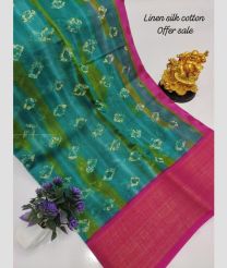 Teal and Magenta color linen sarees with all over printed design -LINS0003642
