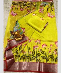 Yellow and Red color mangalagiri pattu handloom saree with all over digital printed with 150 by 50 jari border design -MAGP0026223