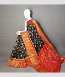 Black and Orange color pochampally ikkat pure silk handloom saree with kanchi border design -PIKP0037202