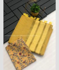 Golden and Lemon Yellow color silk sarees with strip zari woven pattu border tassels on pallu design -SILK0017327