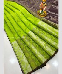 Parrot Green and Chocolate color kuppadam pattu handloom saree with all over checks and buties design -KUPP0096743