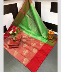Red and Green color Uppada Tissue handloom saree with all over printed buties design -UPPI0001435