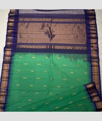 Dark Green and Navy Blue color gadwal cotton handloom saree with temple and kuthu border design -GAWT0000286