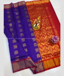 Purple Blue and Red color Kollam Pattu handloom saree with all over checks and buties design -KOLP0001710