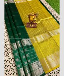 Pine Green and Mustard Yellow color mangalagiri sico handloom saree with all over silver jari checks and buties with kanchi border design -MAGI0000220