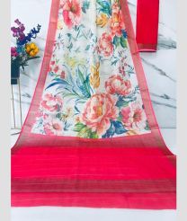 Half White and Deep Pink color linen sarees with all over digital printed with gold jari border design -LINS0003716
