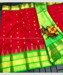Red and Parrot Green color kuppadam pattu handloom saree with temple border design -KUPP0097115