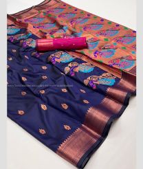 Navy Blue and Pink color paithani sarees with all over jari buties with copper jari munia design border -PTNS0005070