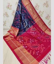 Navy Blue and Pink color Ikkat sico handloom saree with all over pochamally design -IKSS0000274