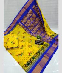 Yellow and Blue color Chenderi silk handloom saree with all over printed design with temple border -CNDP0014035