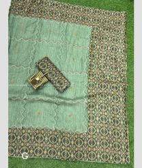 Fern Green and Grey color silk sarees with all over ajrakh printed with katha work design -SILK0017565