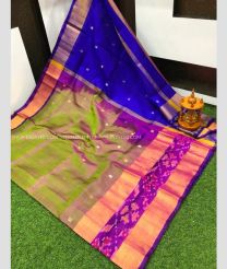 Camel Brown and Royal Blue color uppada pattu handloom saree with all over nakshtra buties with pochampally border design -UPDP0020726