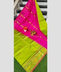 Acid Green and Pink color Tripura Silk handloom saree with pochampally border design -TRPP0008546