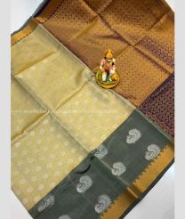 Lite Lemon Yellow and Golden Brown color mangalagiri pattu handloom saree with all over buties design -MAGP0026222