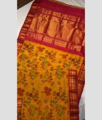 Yellow and Burgundy color gadwal cotton handloom saree with all over kalamkari printed design -GAWT0000307