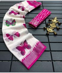 Whtie and Magenta color linen sarees with all over big butterfly with jari border design -LINS0003690