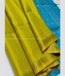 Yellow and Blue color soft silk kanchipuram sarees with all over buttas design -KASS0001046