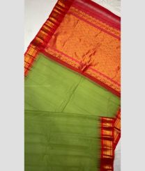Leafy Green and Red color gadwal cotton handloom saree with temple kuthu border design -GAWT0000284