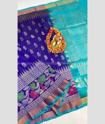 Purple Blue and Blue Turquoise color Kollam Pattu handloom saree with all over buties with scut border design -KOLP0001791